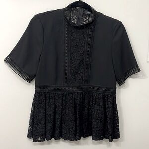 Zara Womens Sz s Black Lace Crochet High Neck Peplum Short Sleeve Blouse Top